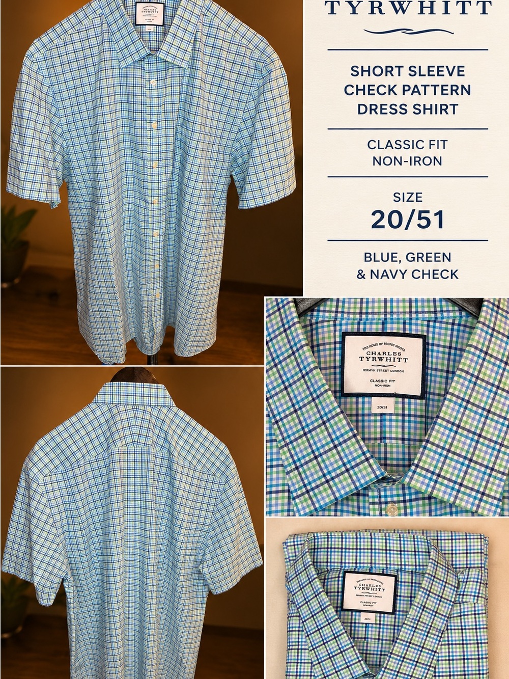 Charles Tyrwhitt Short Sleeve Check Dress Shirt - Blue & Green Sz. 20/51